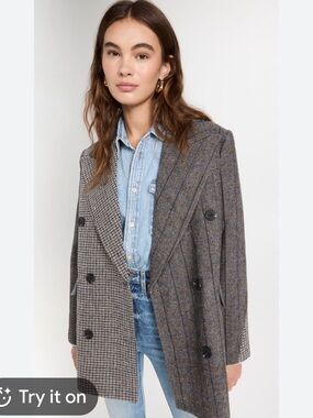 Anthro Avec Les filles Double-Breasted Mixed-Check Blazer Coat - Gray/brown